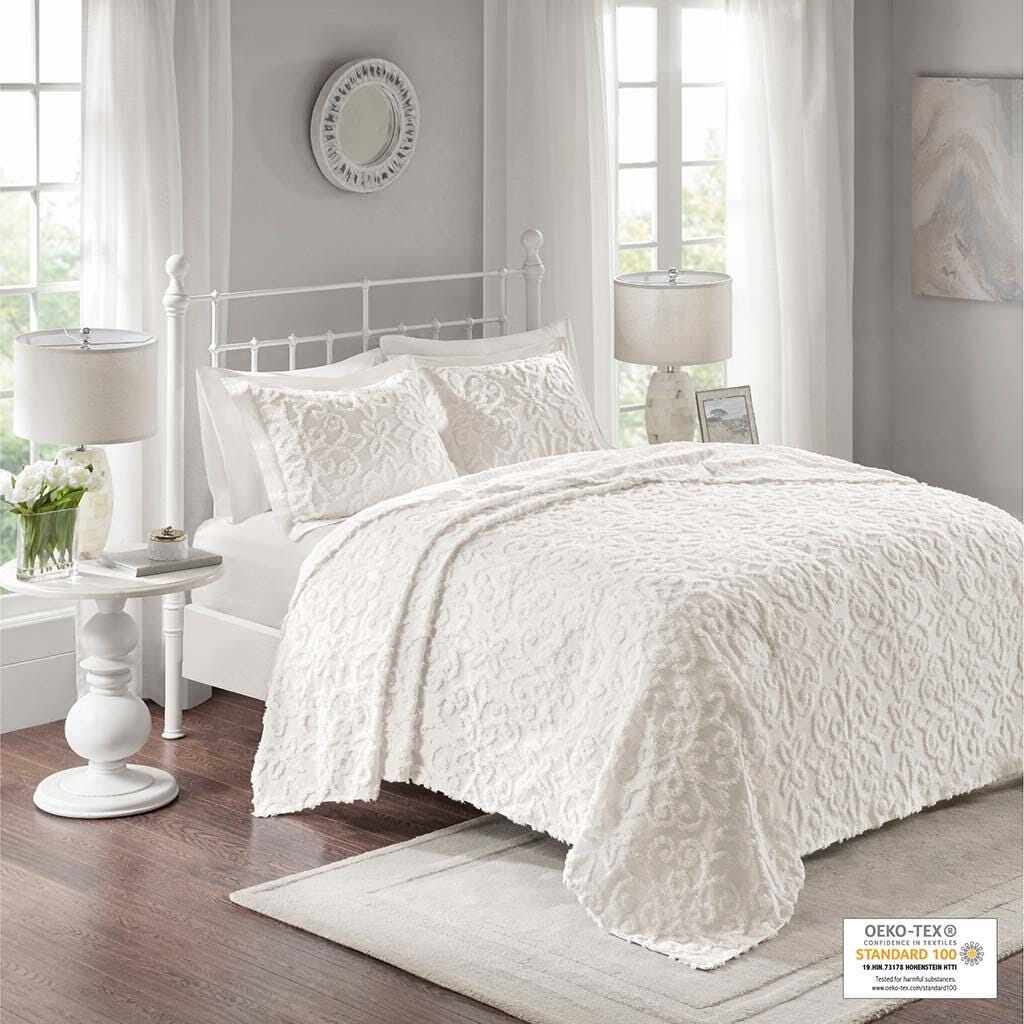 Sabrina Full/Queen 3 Piece Tufted Chenille Bedspread Set, Off White, large