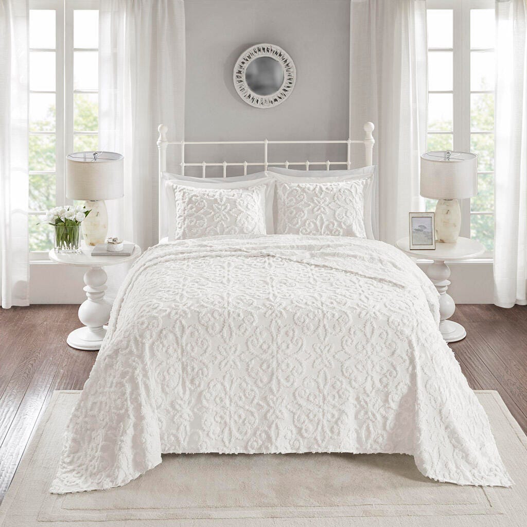Sabrina Full/Queen 3 Piece Tufted Chenille Bedspread Set, Off White, large