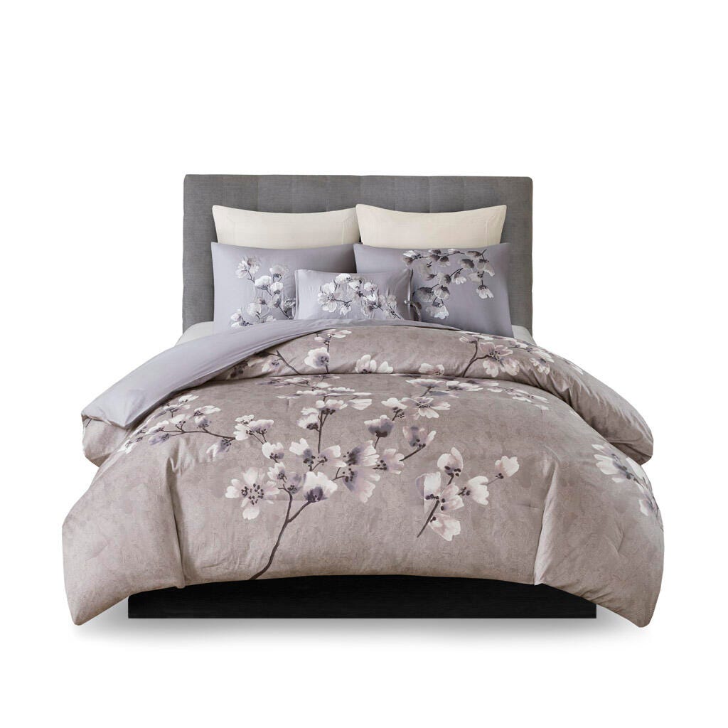 Sakura Blossom Full/Queen 3 Piece Sateen Printed Comforter Set, Lilac, rollover