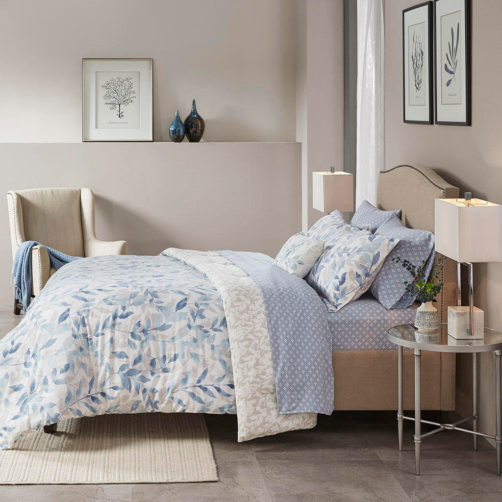 Sofia Queen Reversible 8 Piece Comforter Set with Bed Sheets, Blue, large