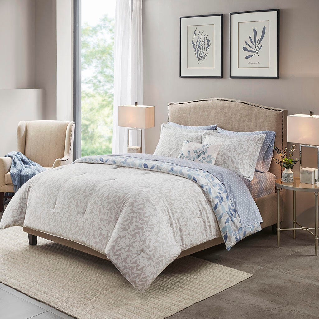 Sofia Full Reversible 8 Piece Comforter Set with Bed Sheets, Blue, large