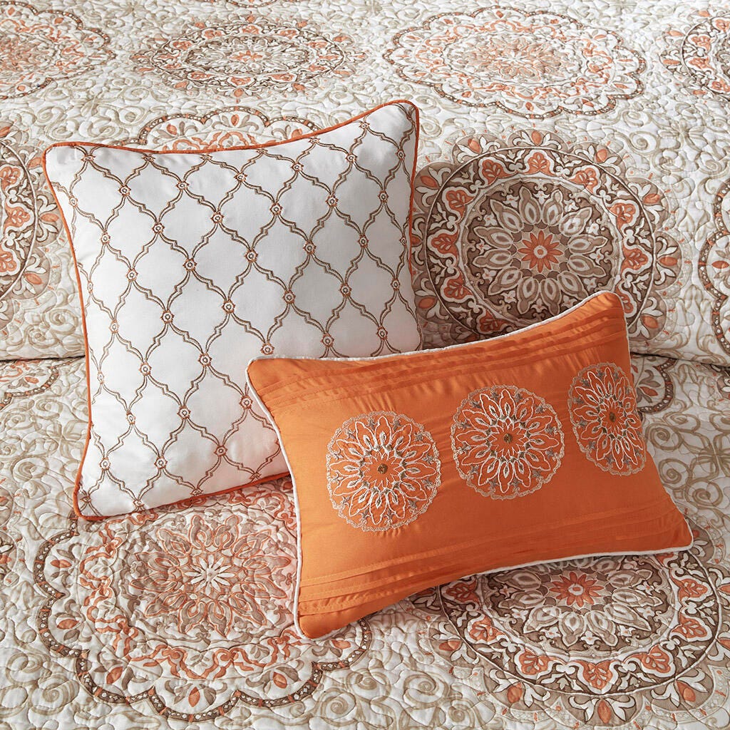 Tangiers King/California King 6 Piece Reversible Quilt Set with Throw Pillows, Orange, large