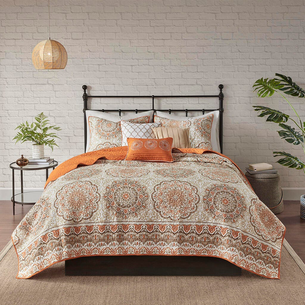 Tangiers King/California King 6 Piece Reversible Quilt Set with Throw Pillows, Orange, large