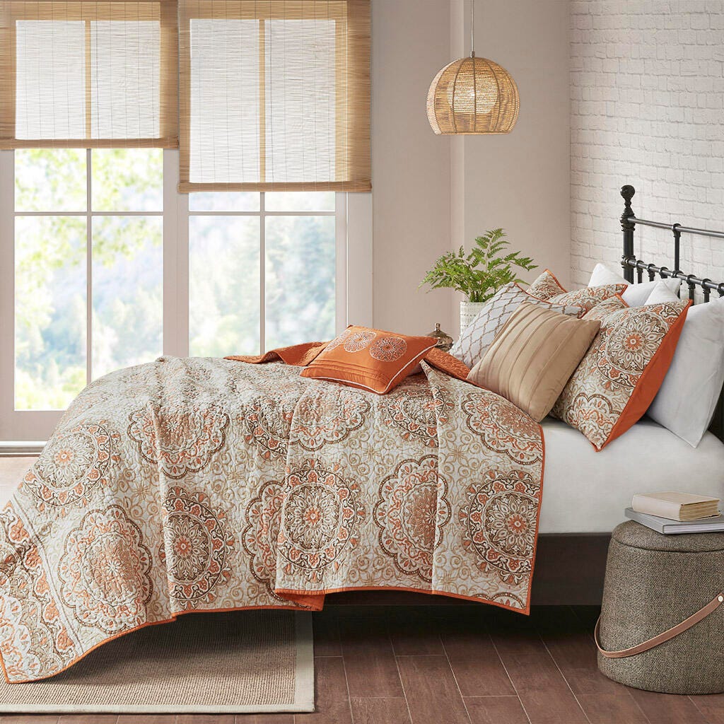 Tangiers King/California King 6 Piece Reversible Quilt Set with Throw Pillows, Orange, large