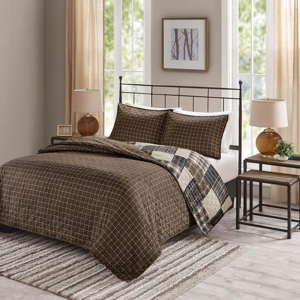 Timber King/California King 3 Piece Reversible Printed Quilt Set, Black/Brown, large