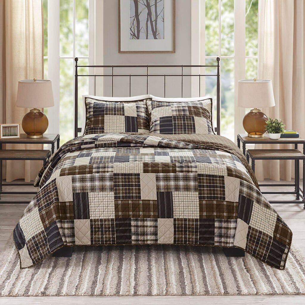 Timber Full/Queen 3 Piece Reversible Printed Quilt Set, Black/Brown, large