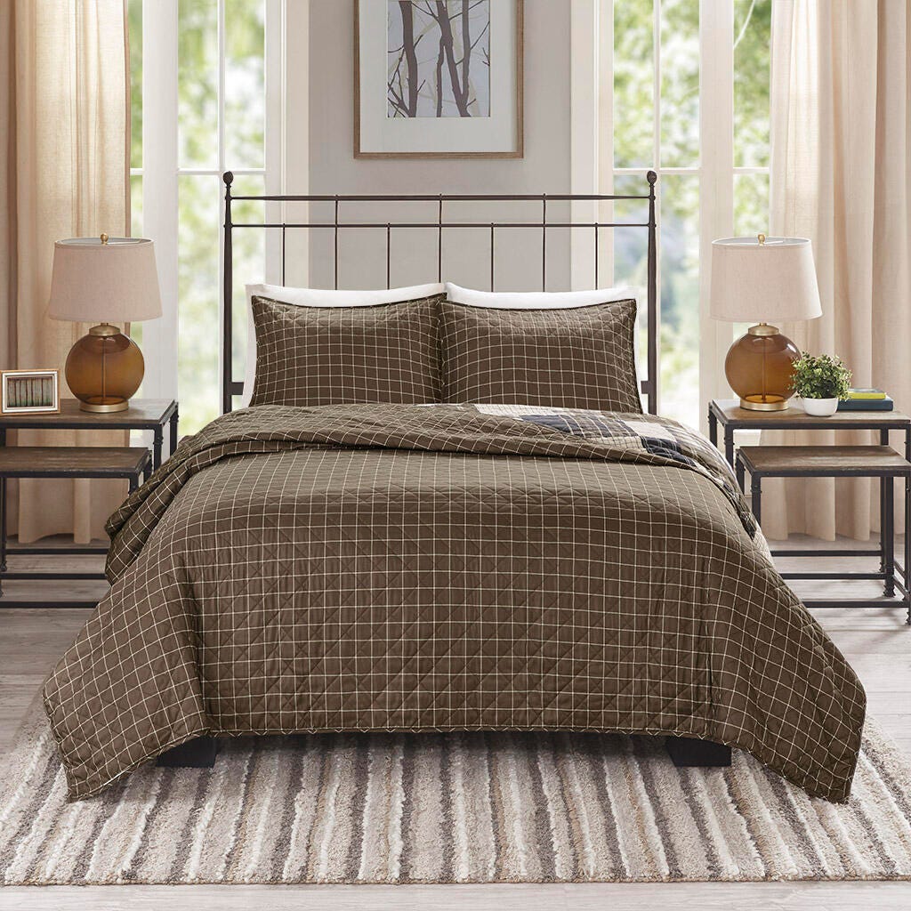 Timber Full/Queen 3 Piece Reversible Printed Quilt Set, Black/Brown, large