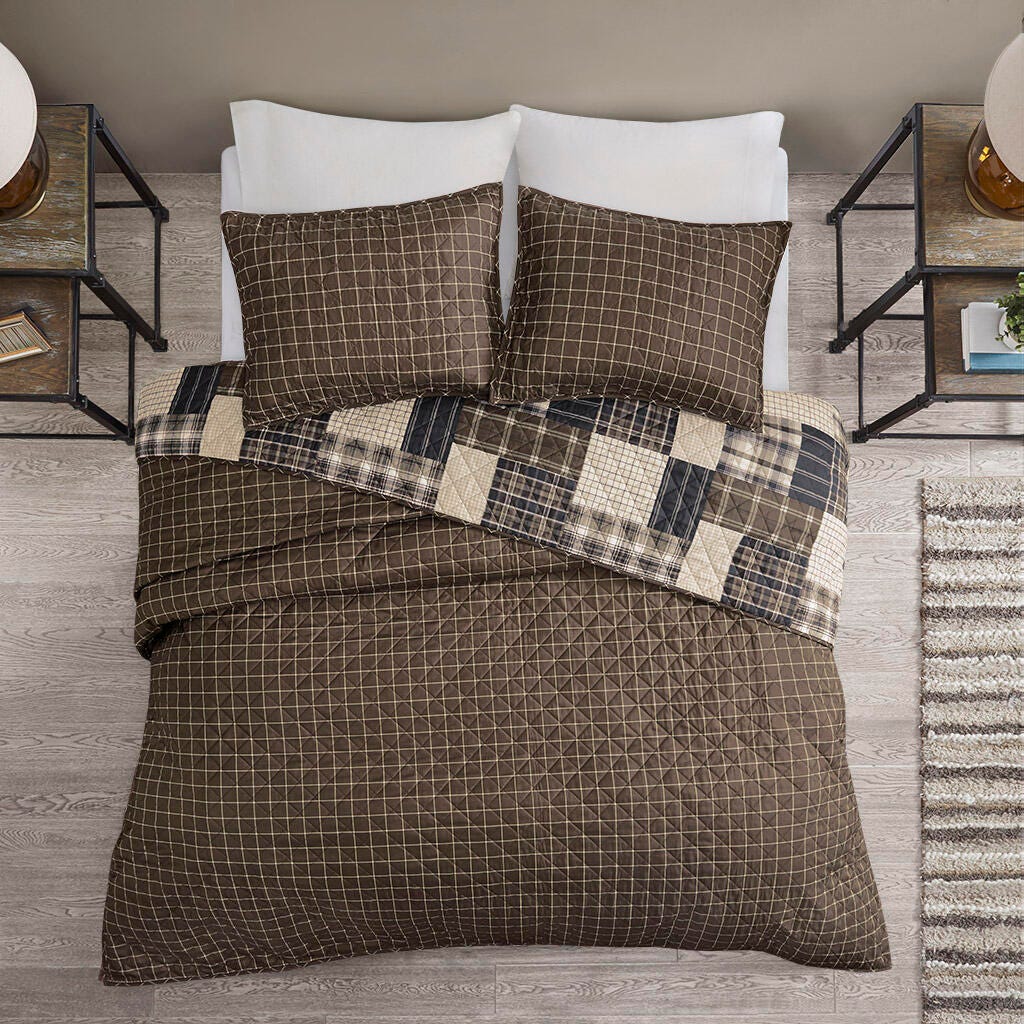 Timber Full/Queen 3 Piece Reversible Printed Quilt Set, Black/Brown, large