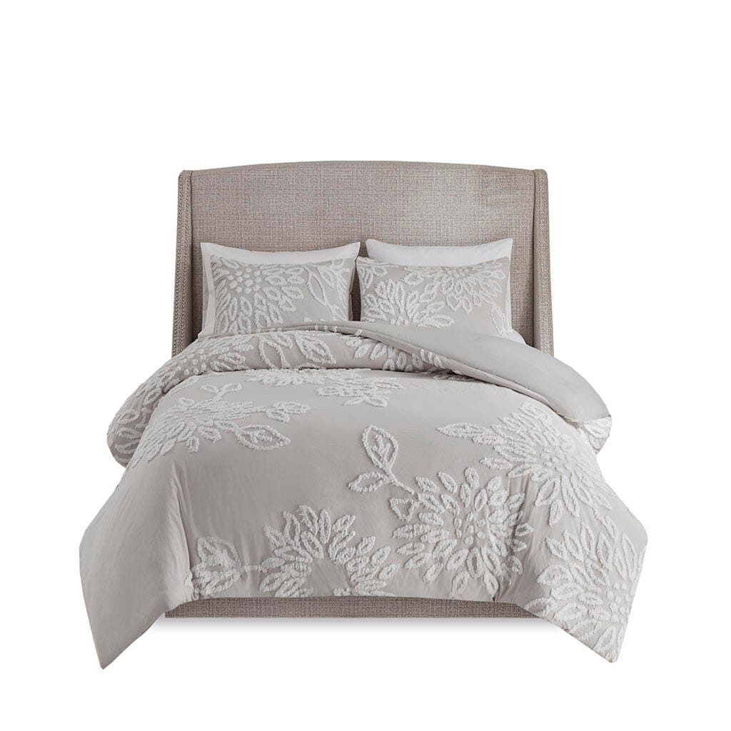 Veronica King/California King 3 Piece Tufted Chenille Floral Comforter Set, Gray/White, rollover