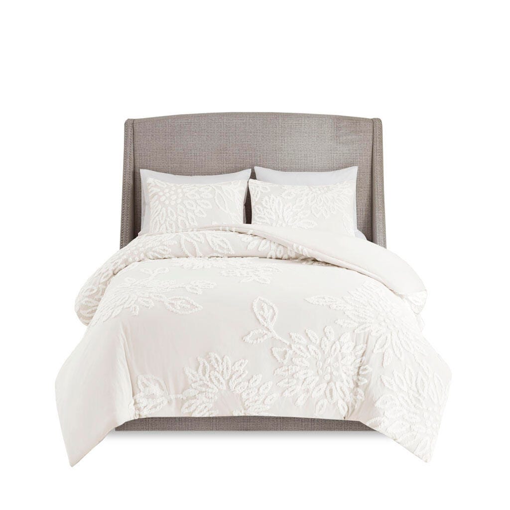 Veronica King/California King 3 Piece Tufted Chenille Floral Comforter Set, Off White, large