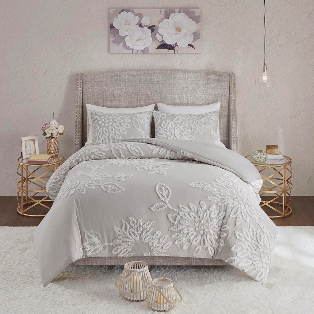 Madison Park Veronica Full/Queen 3 Piece Tufted Chenille Floral Comforter Set, Gray/White, large
