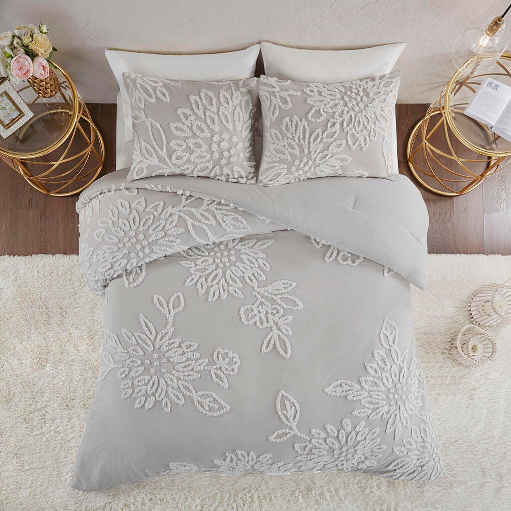 Madison Park Veronica Full/Queen 3 Piece Tufted Chenille Floral Comforter Set, Gray/White, large