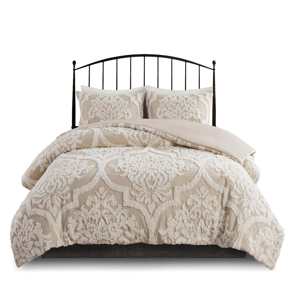 Viola Full/Queen 3 piece Tufted Chenille Damask Duvet Cover Set, Taupe, large