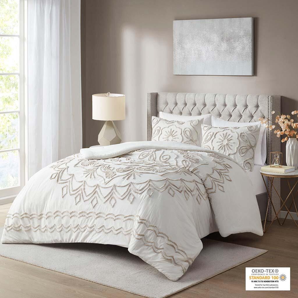 Violette King/California King 3 Piece Tufted Chenille Comforter Set, Ivory/Taupe, large