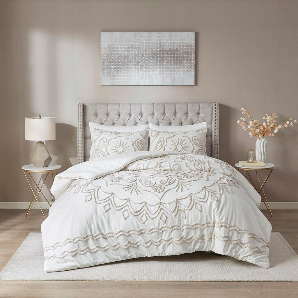 Madison Park Violette Full/Queen 3 Piece Tufted Chenille Comforter Set, Ivory/Taupe, large