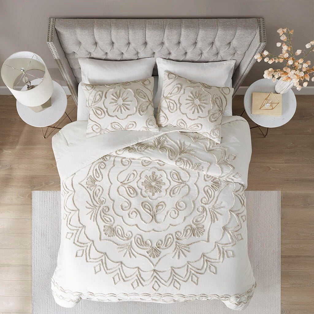 Madison Park Violette Full/Queen 3 Piece Tufted Chenille Comforter Set, Ivory/Taupe, large