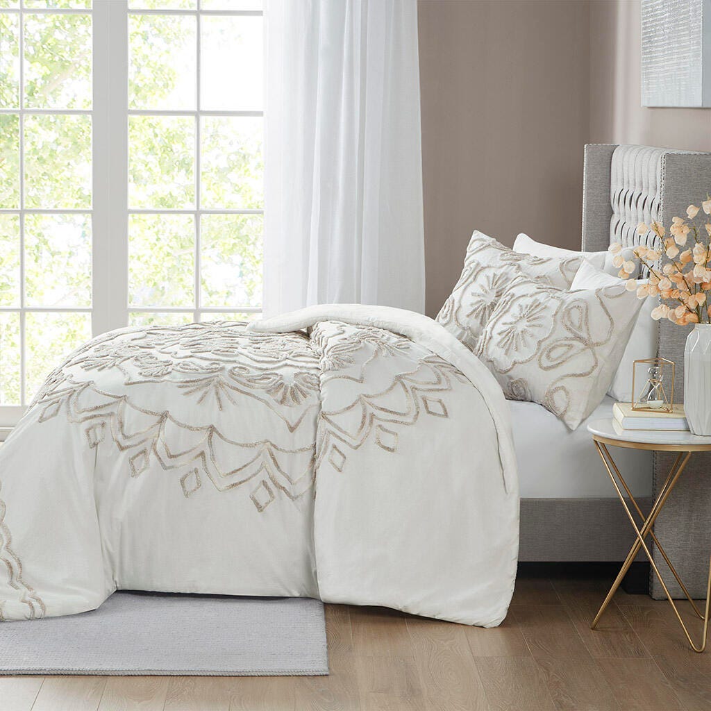 Madison Park Violette Full/Queen 3 Piece Tufted Chenille Comforter Set, Ivory/Taupe, large