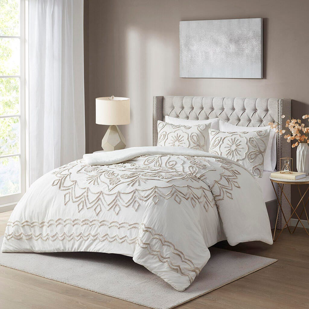 Violette Full/Queen 3 Piece Tufted Chenille Duvet Cover Set, Ivory/Taupe, rollover