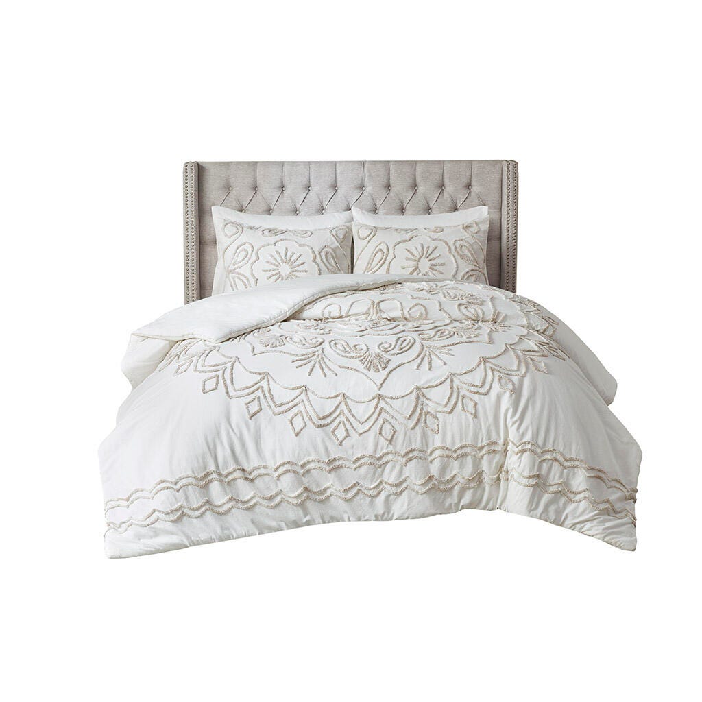 Violette Full/Queen 3 Piece Tufted Chenille Duvet Cover Set, Ivory/Taupe, large