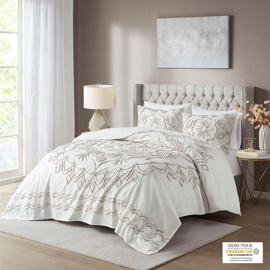 Violette Full/Queen 3 Piece Tufted Chenille  Coverlet Set, Ivory/Taupe, large