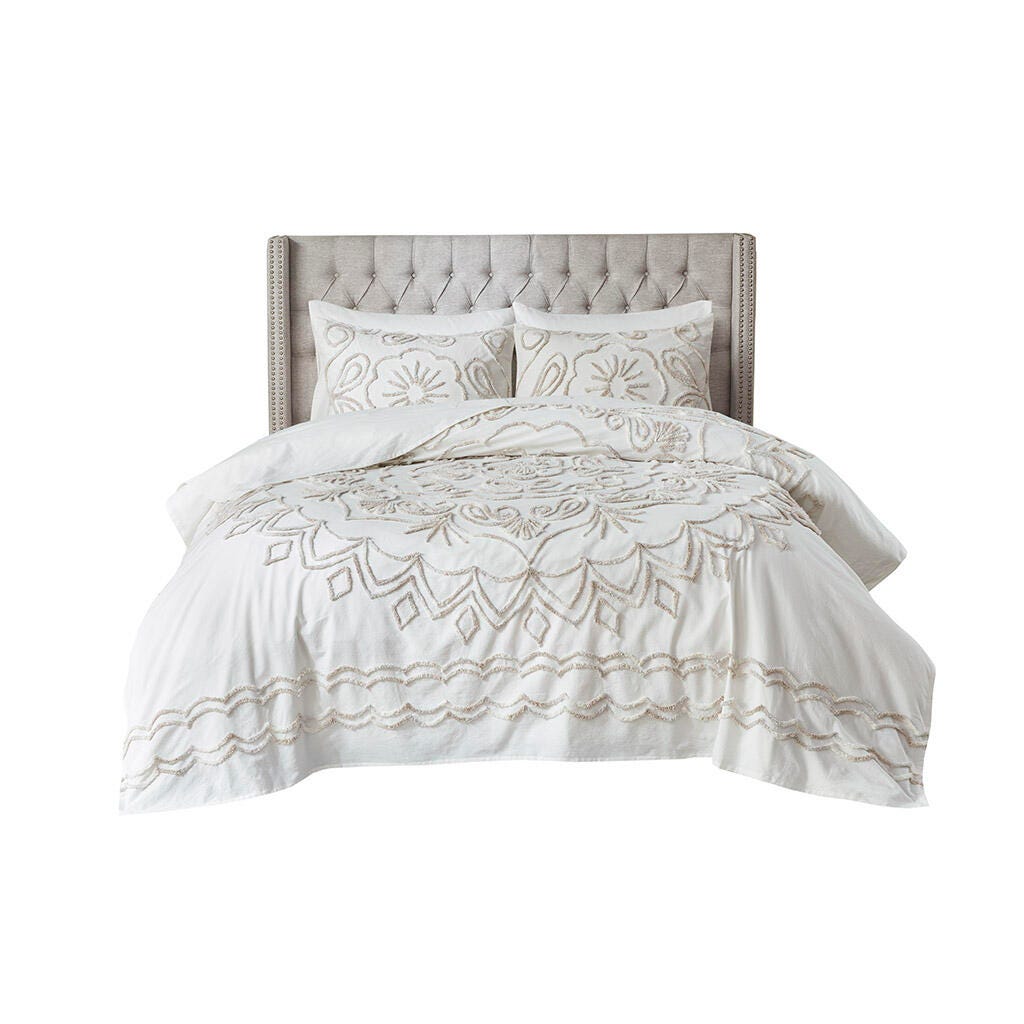 Violette Full/Queen 3 Piece Tufted Chenille  Coverlet Set, Ivory/Taupe, rollover