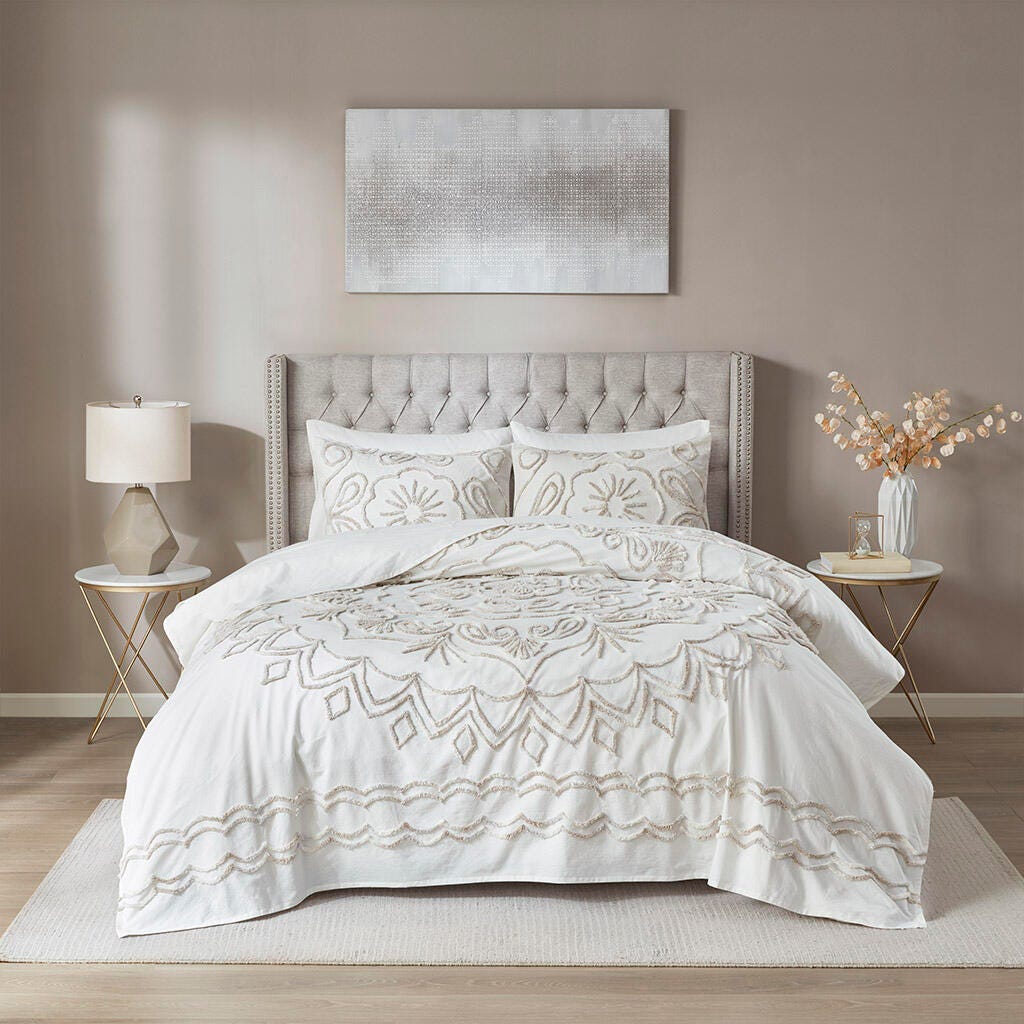 Violette Full/Queen 3 Piece Tufted Chenille  Coverlet Set, Ivory/Taupe, large