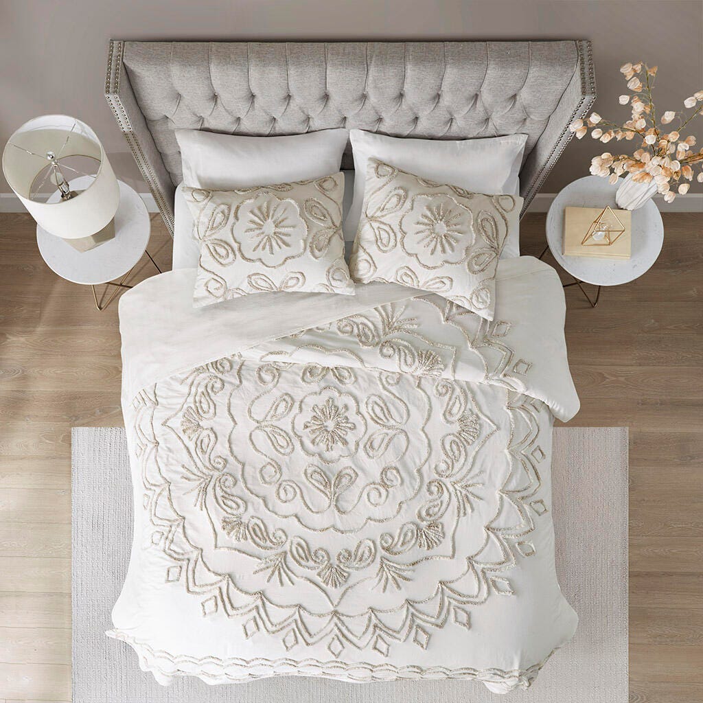 Violette Full/Queen 3 Piece Tufted Chenille  Coverlet Set, Ivory/Taupe, large