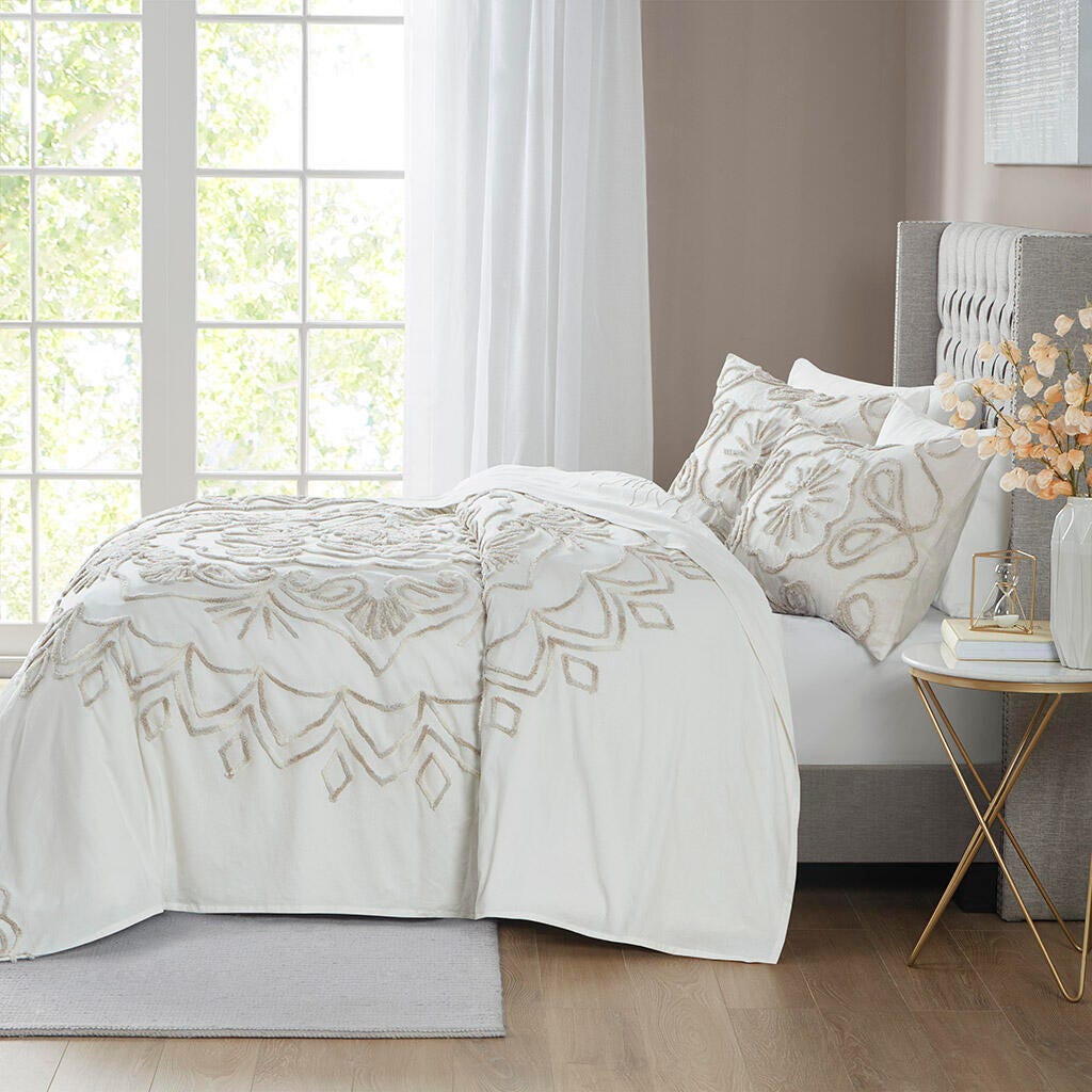 Violette Full/Queen 3 Piece Tufted Chenille  Coverlet Set, Ivory/Taupe, large