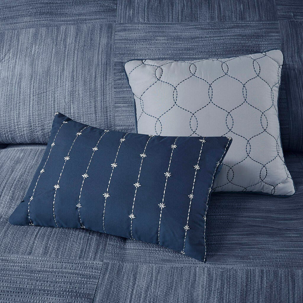 Walter California King 7 Piece Printed Seersucker Comforter Set, Navy, large