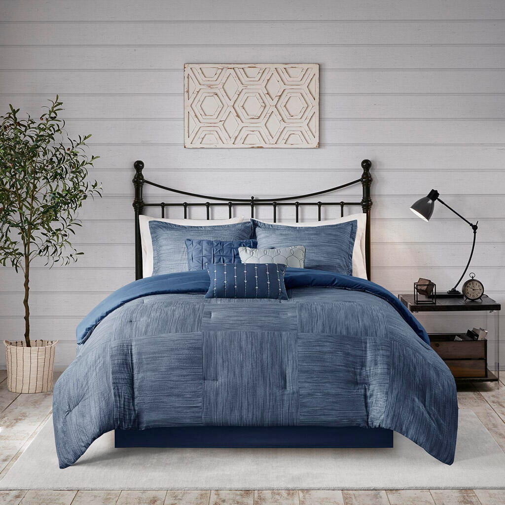 Walter California King 7 Piece Printed Seersucker Comforter Set, Navy, large