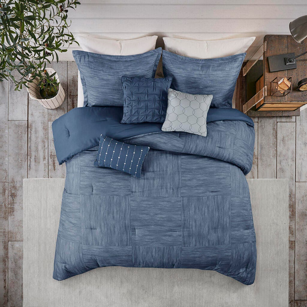 Walter California King 7 Piece Printed Seersucker Comforter Set, Navy, large