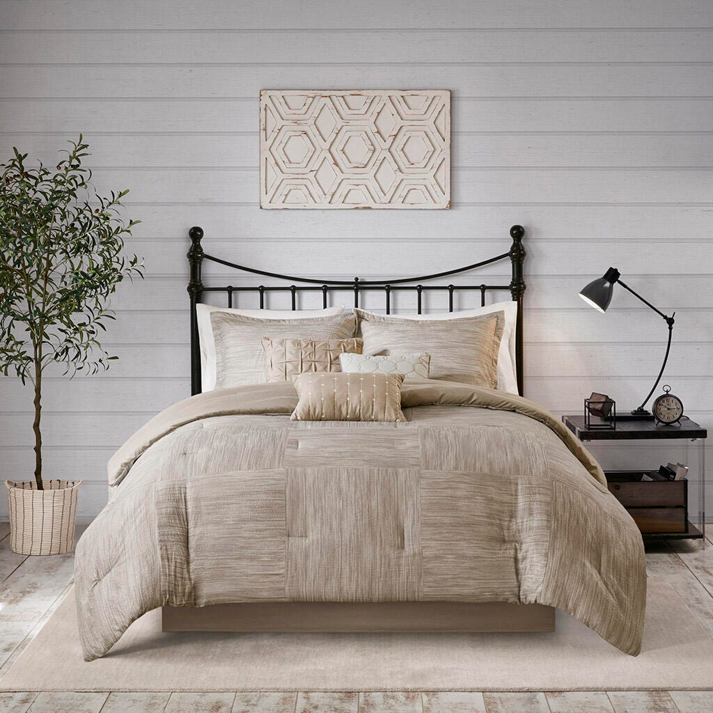 Walter King 7 Piece Printed Seersucker Comforter Set, Taupe, large