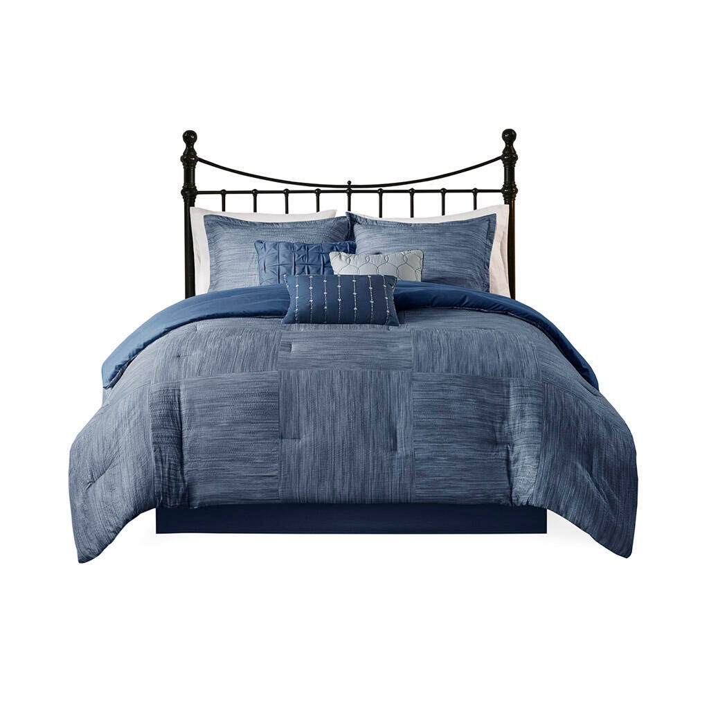 Walter Queen 7 Piece Printed Seersucker Comforter Set, Navy, rollover
