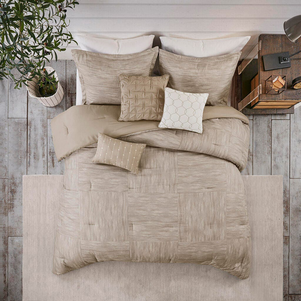 Walter Queen 7 Piece Printed Seersucker Comforter Set, Taupe, large