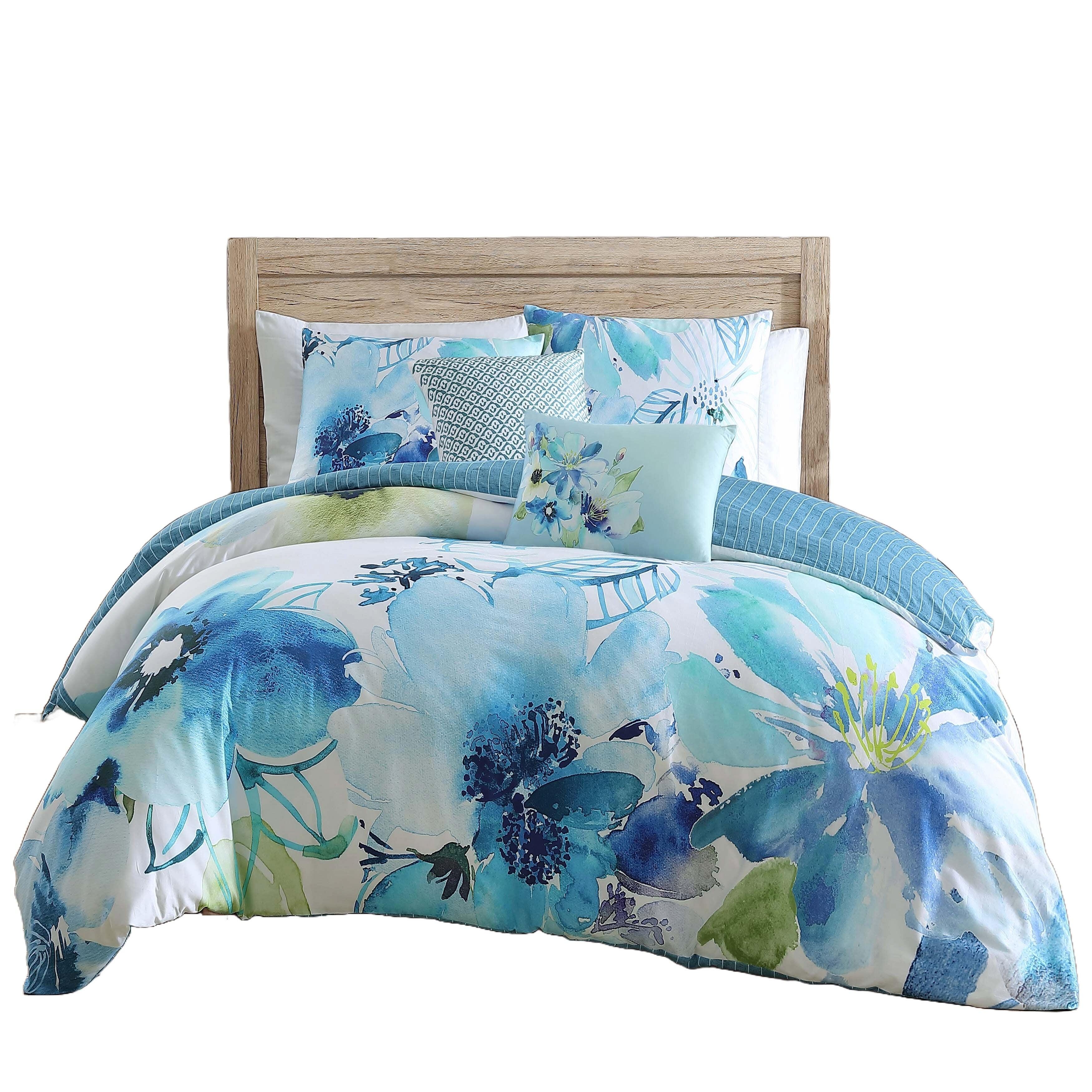 Bebejan Watercolor Blue 100% Cotton 5-Piece Reversible Comforter Set, Blue, rollover