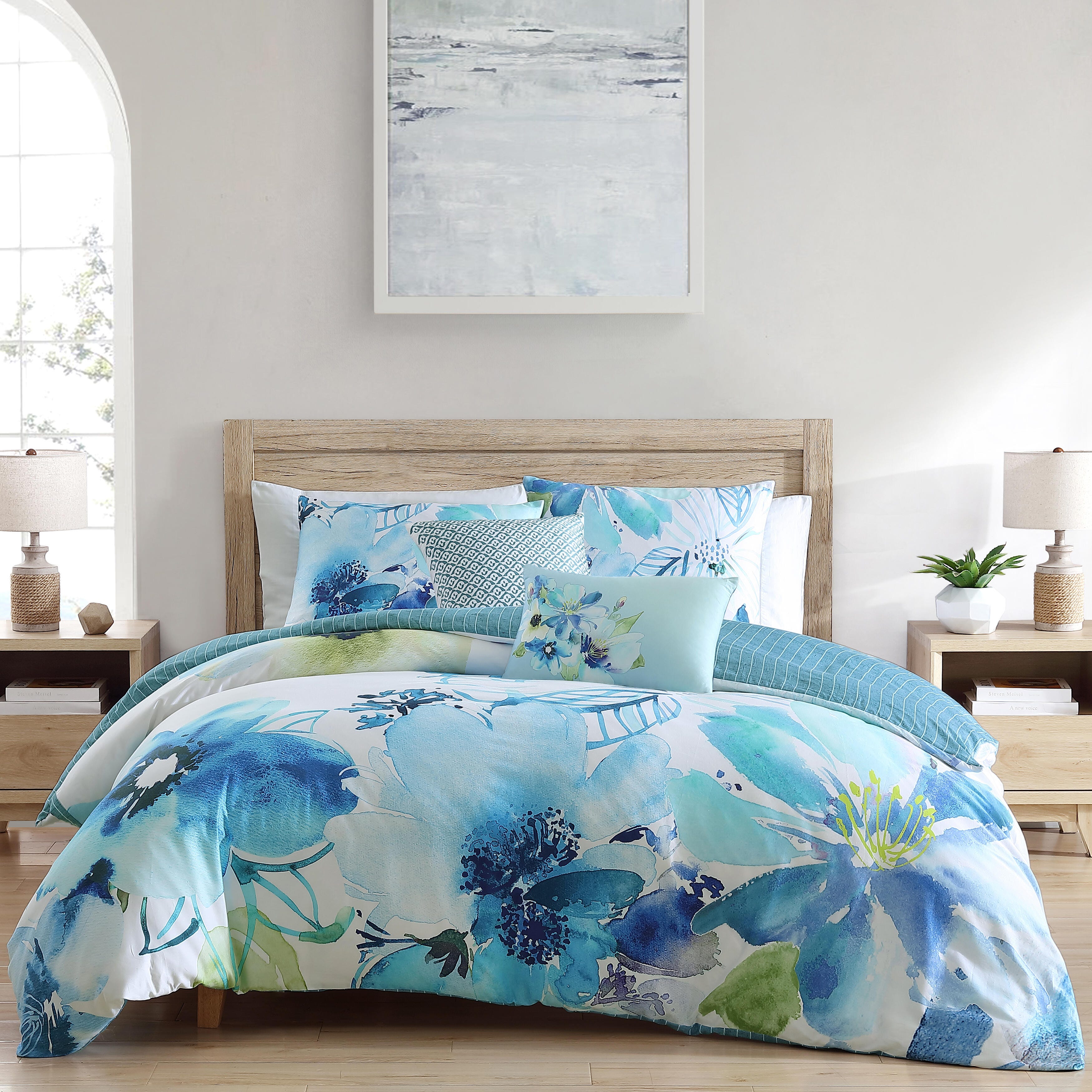 Bebejan Watercolor Blue 100% Cotton 5-Piece Reversible Comforter Set, Blue, rollover