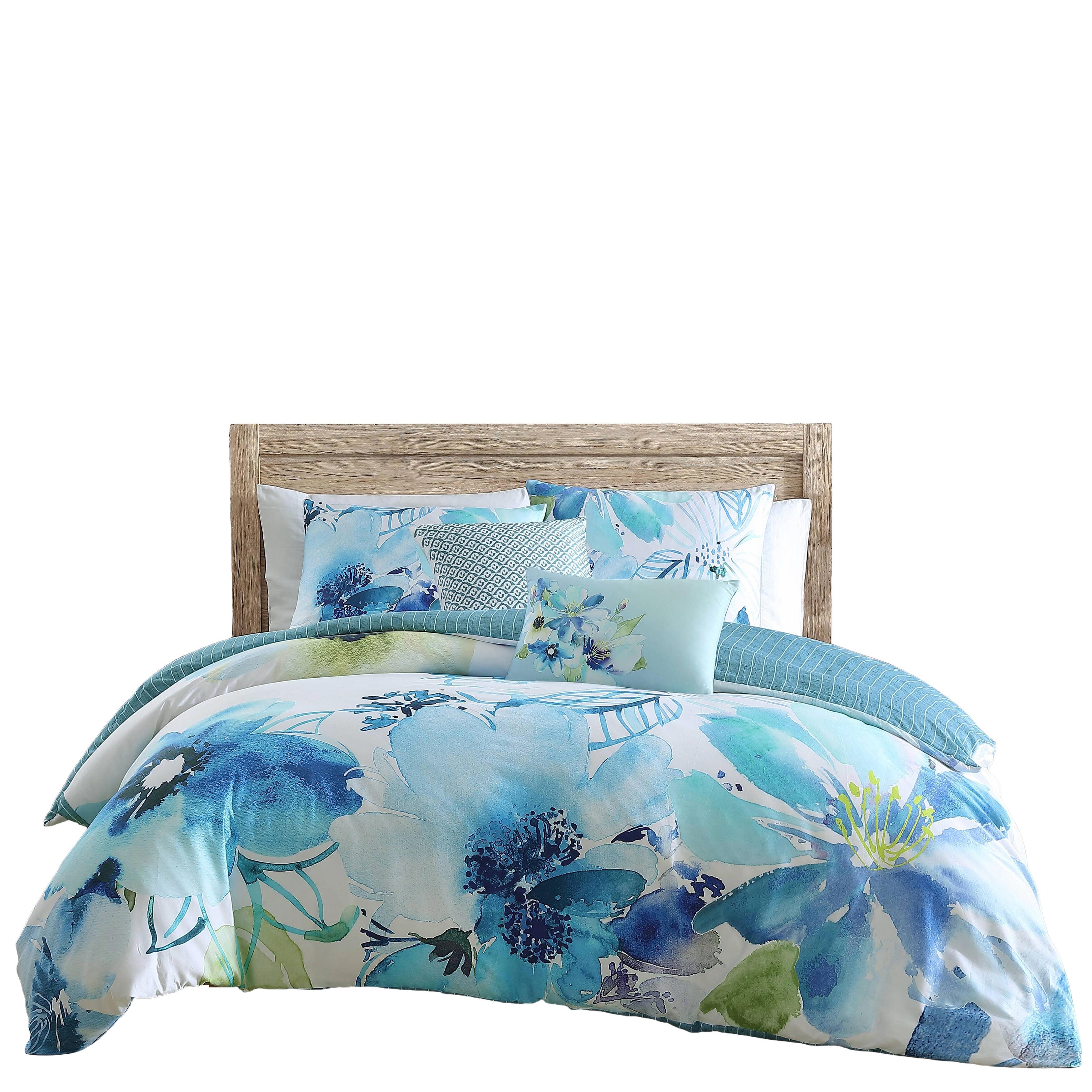 Bebejan Watercolor Blue 100% Cotton 5-Piece Reversible Comforter Set, Blue, large