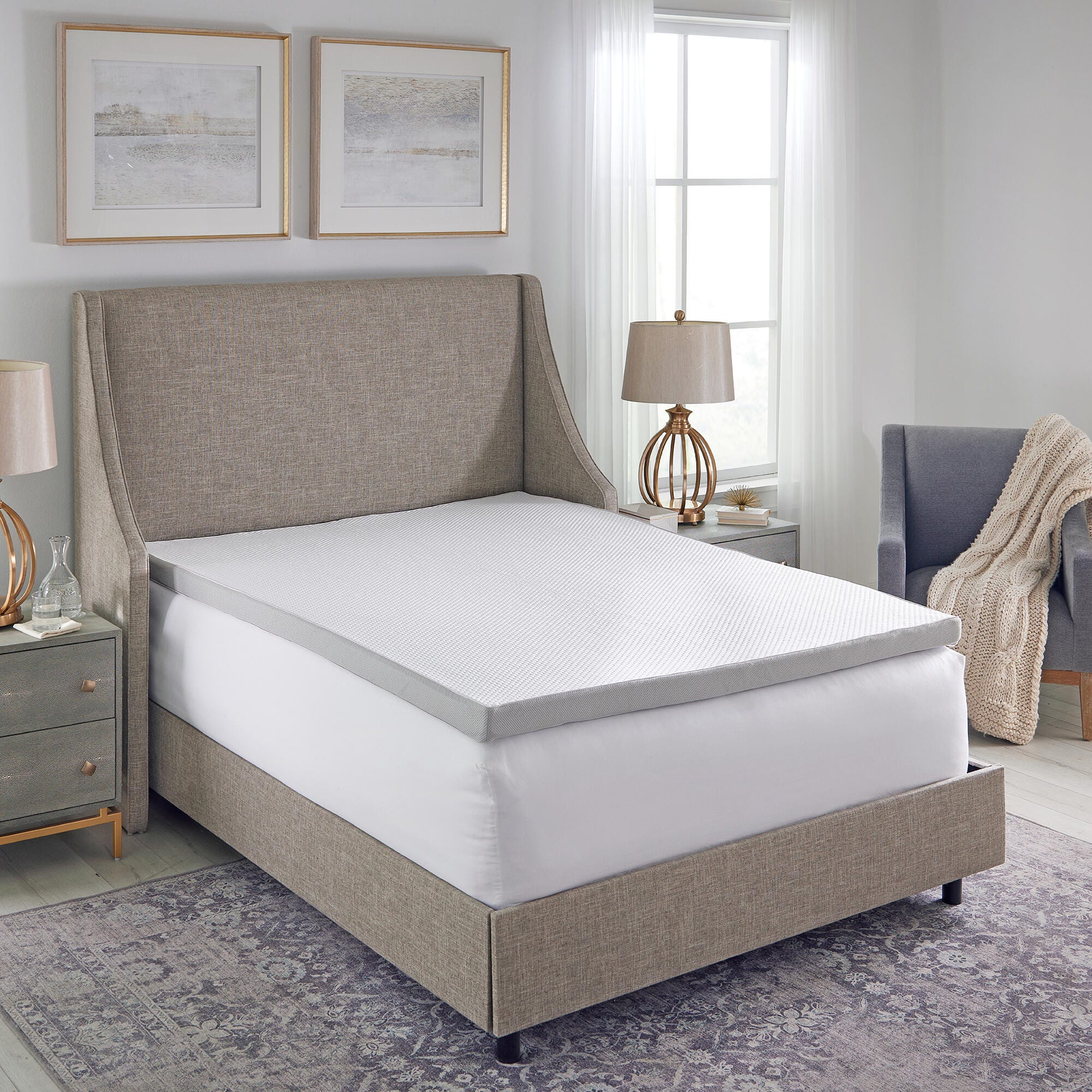 Bodipedic Essentials 2-Inch Cooling Gel Memory Foam Mattress Topper with Infused Cover, White, rollover