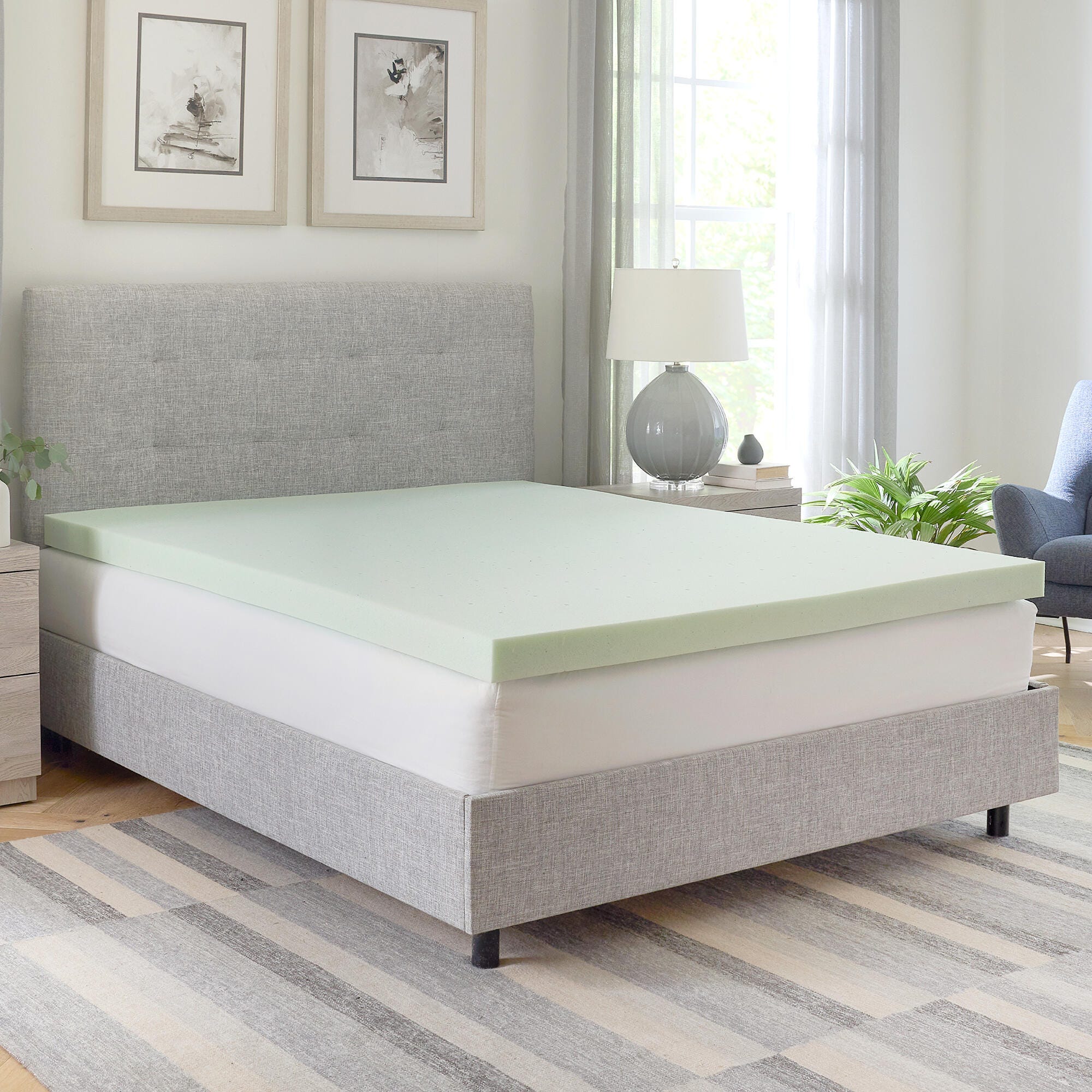 Bodipedic Essentials 3-Inch Green Tea Infused Memory Foam Mattress Topper, Green, rollover