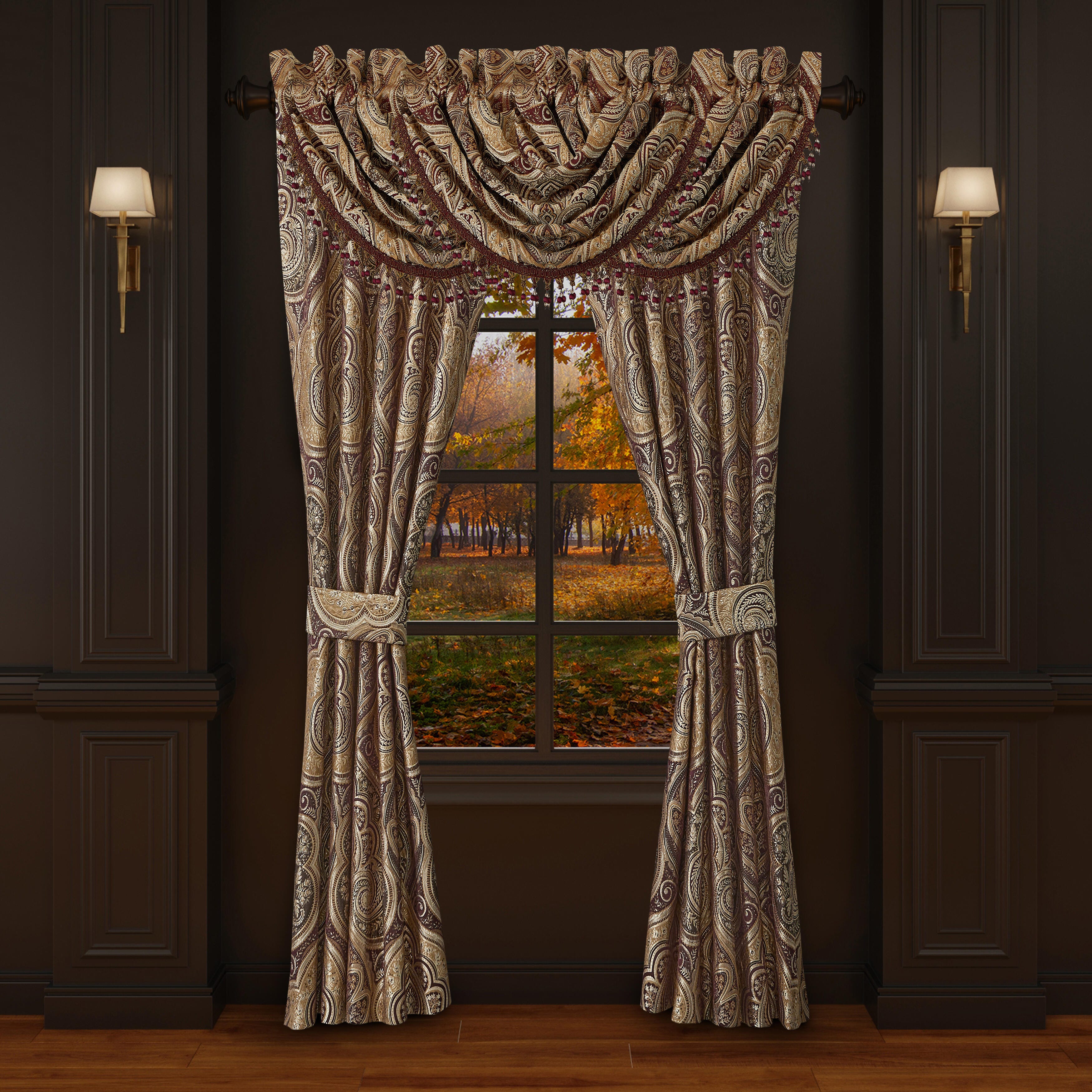 Five Queens Court Bordeaux Window Waterfall Valance, , large