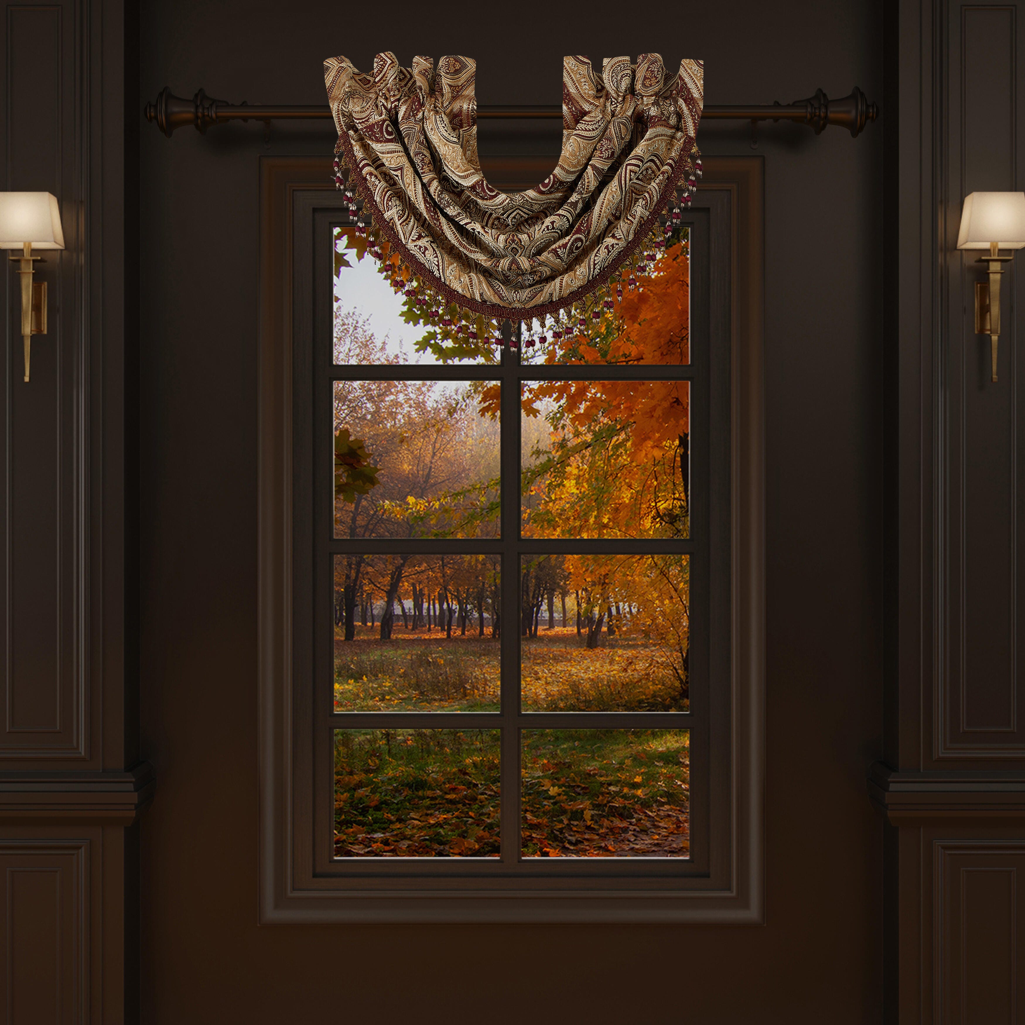 Five Queens Court Bordeaux Window Waterfall Valance, , large
