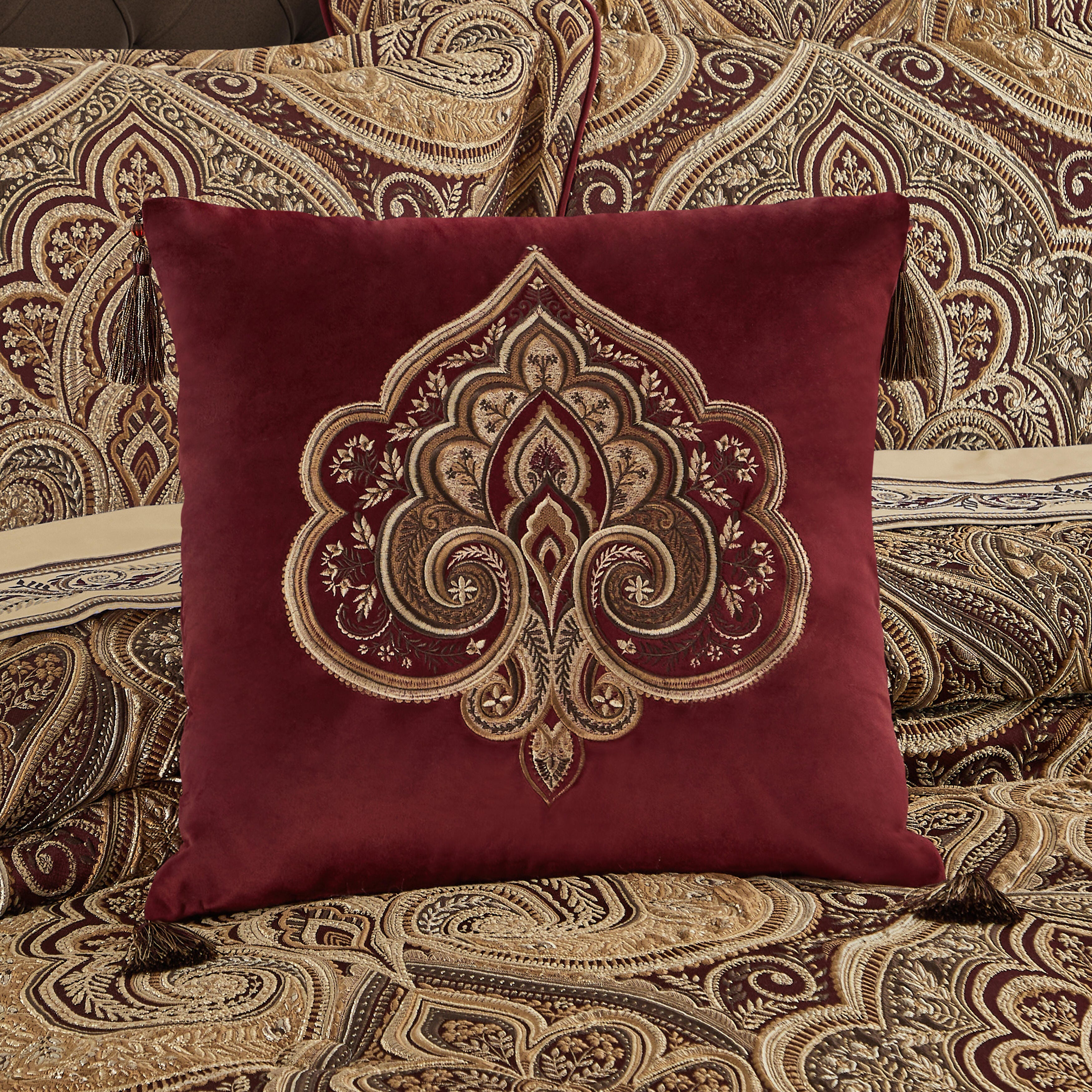 Five Queens Court Bordeaux 18" Square Embellished Decorative Throw Pillow, , rollover