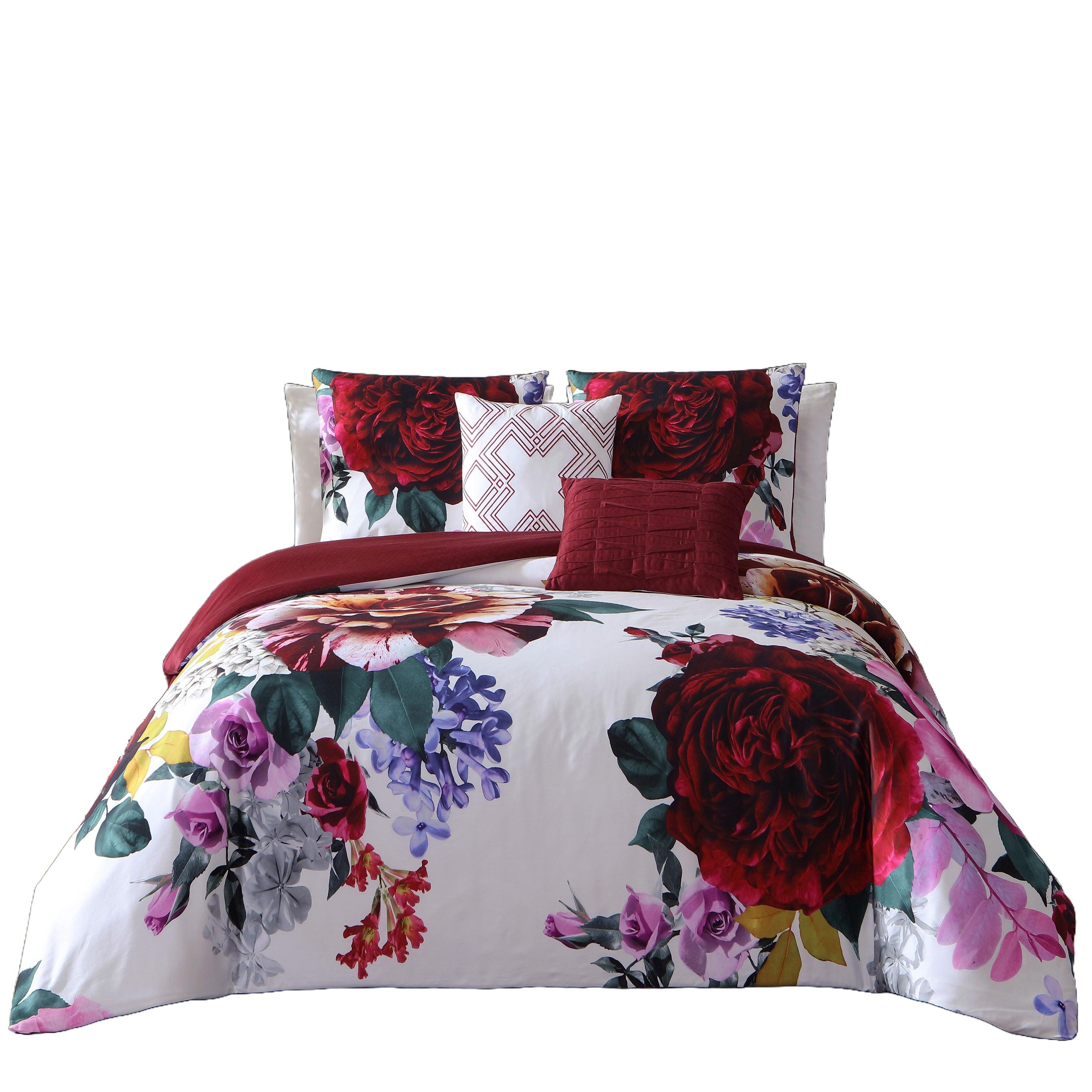 Bebejan Sangria Blooms 100% Cotton 5 Piece Queen Size Reversible Comforter Set, Red, rollover
