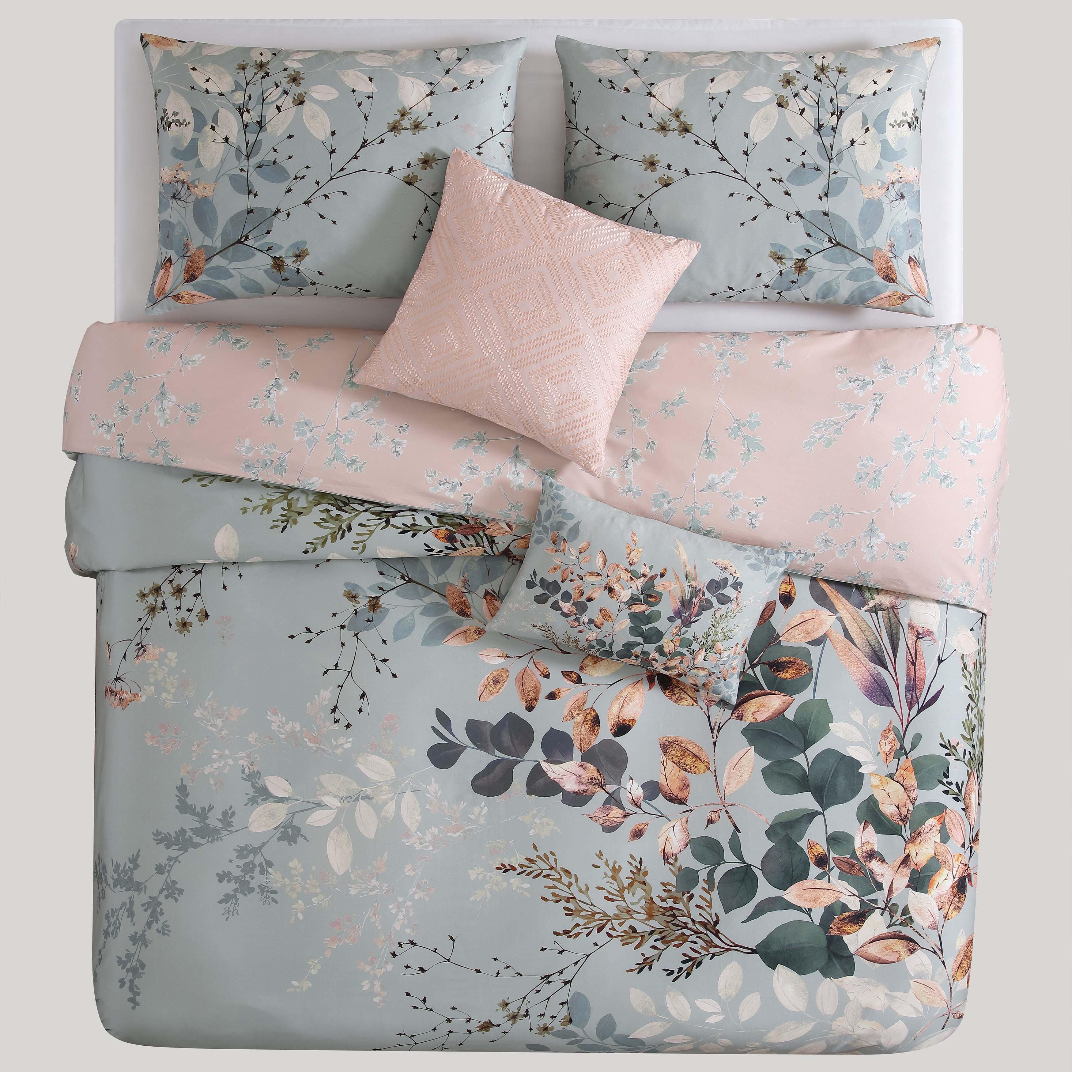 Peach Leaves on Sage 5 Piece Queen Size Reversible Comforter Set
