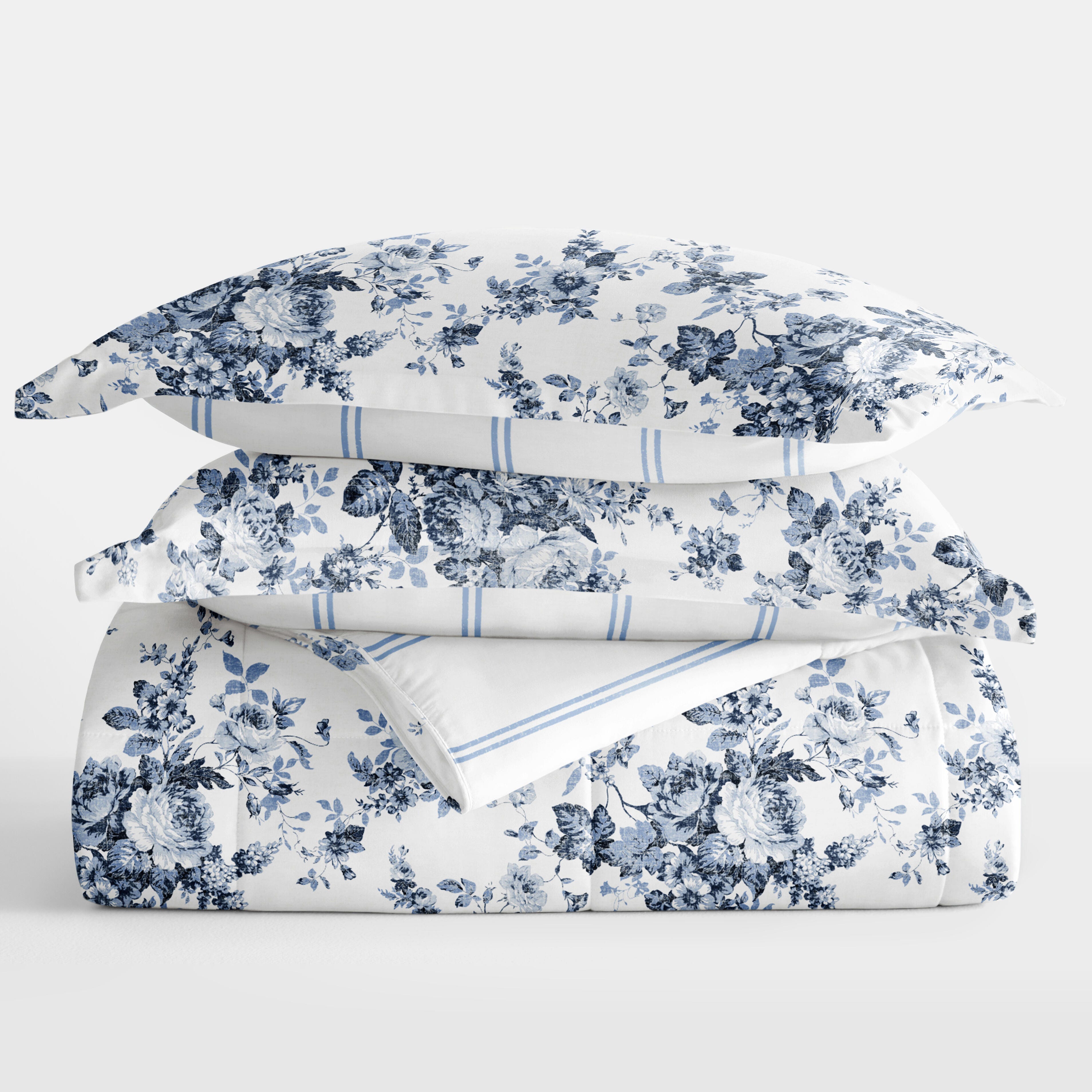 iEnjoy Home Cabbage Rose Stripe Full/Queen Comforter Set, Stone, rollover