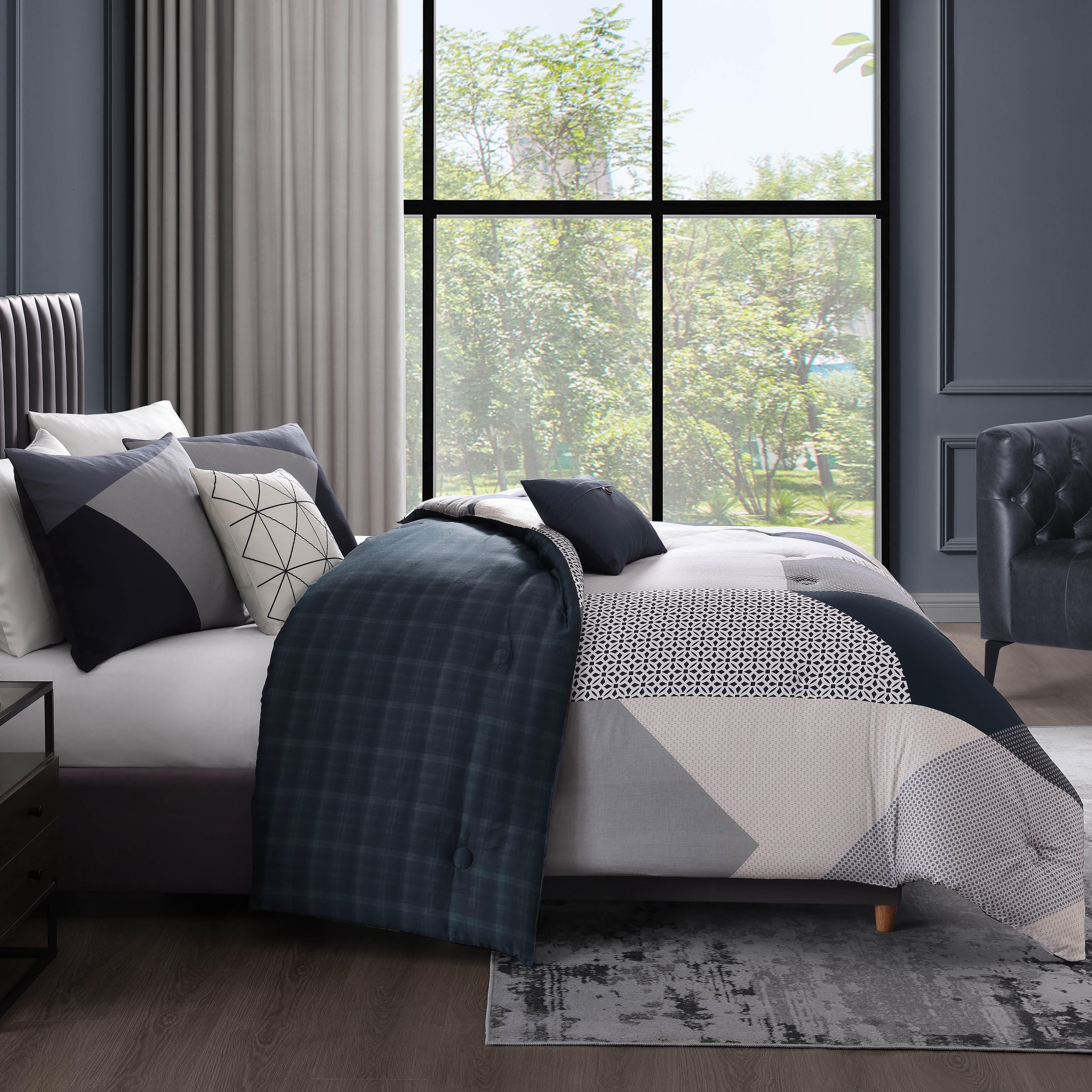 Geo Fusion 200 Thread Count 5 Piece Reversible King Comforter Set, Blue, large