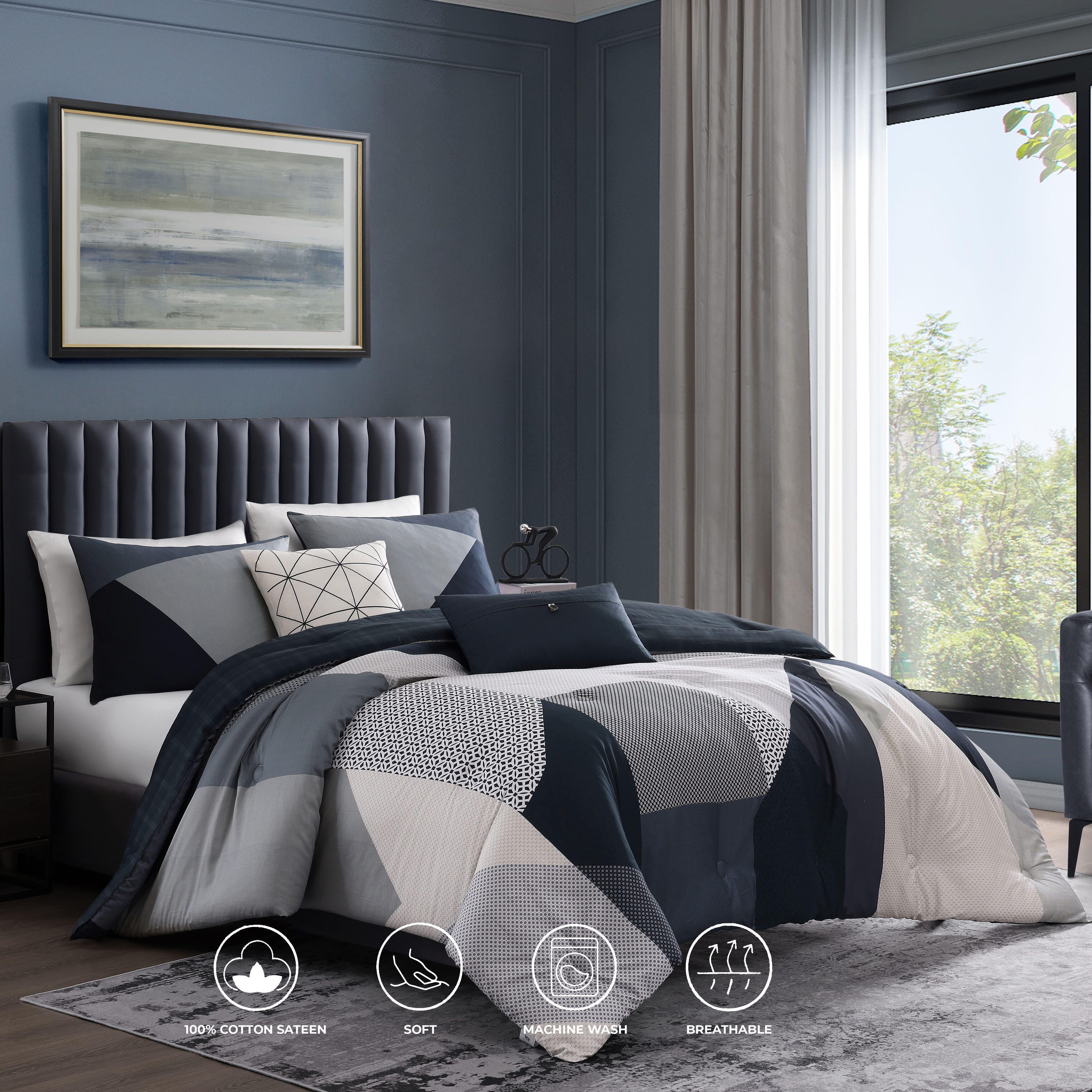 Geo Fusion 200 Thread Count 5 Piece Reversible King Comforter Set, Blue, large