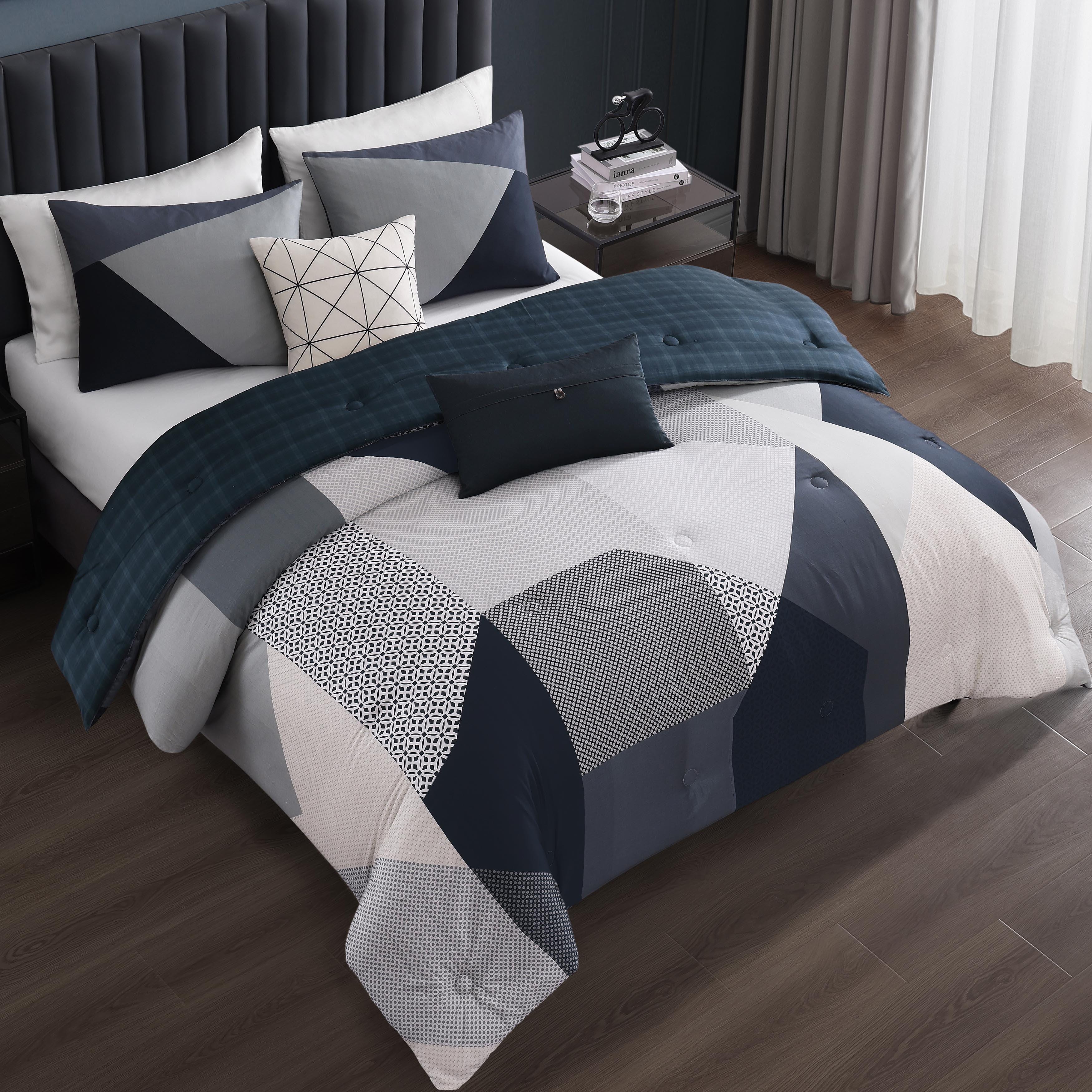 Geo Fusion 200 Thread Count 5 Piece Reversible Queen Comforter Set, Blue, large