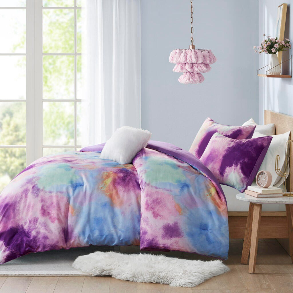 Intelligent Design Dye Printed Twin/Twin XL Comforter Set with Throw Pillow, Lavender, large