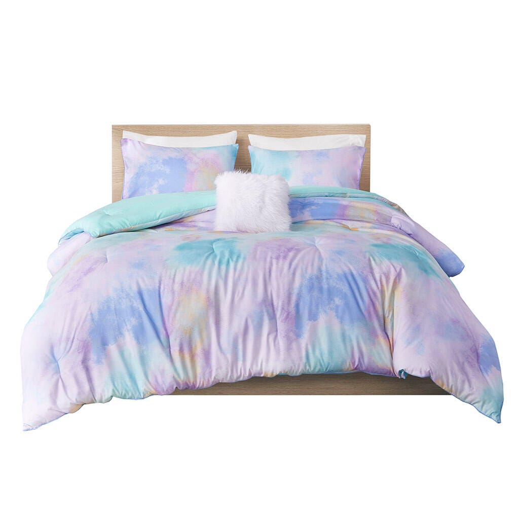 Intelligent Design Dye Printed King/California King Comforter Set with Throw Pillow, Aqua, rollover
